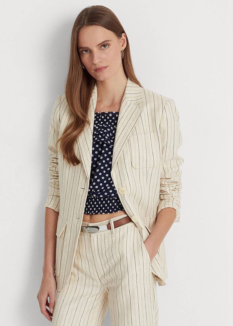 Blazer Lauren Mujer Striped Linen-Blend Twill Chile Blancas IXURS-9185